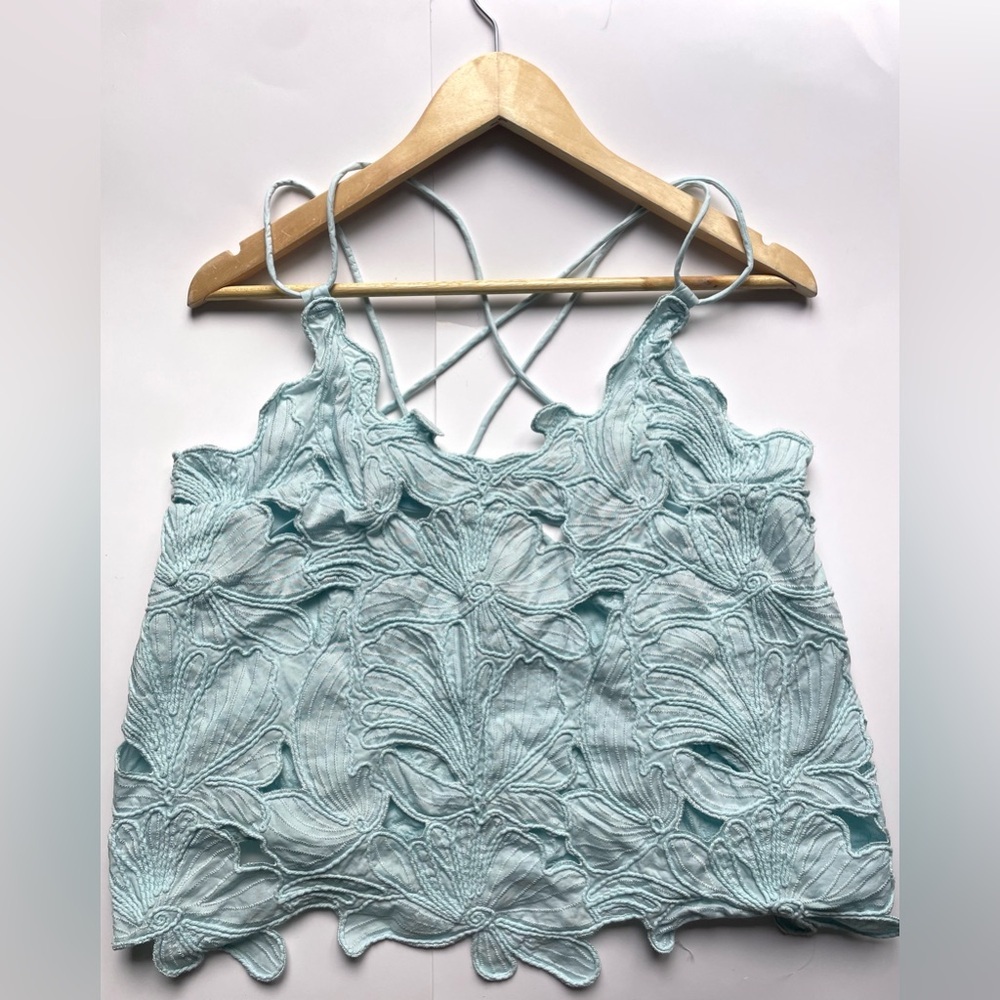 Embroidered top Light turquoise blue Lace Spaghetti Strap Top